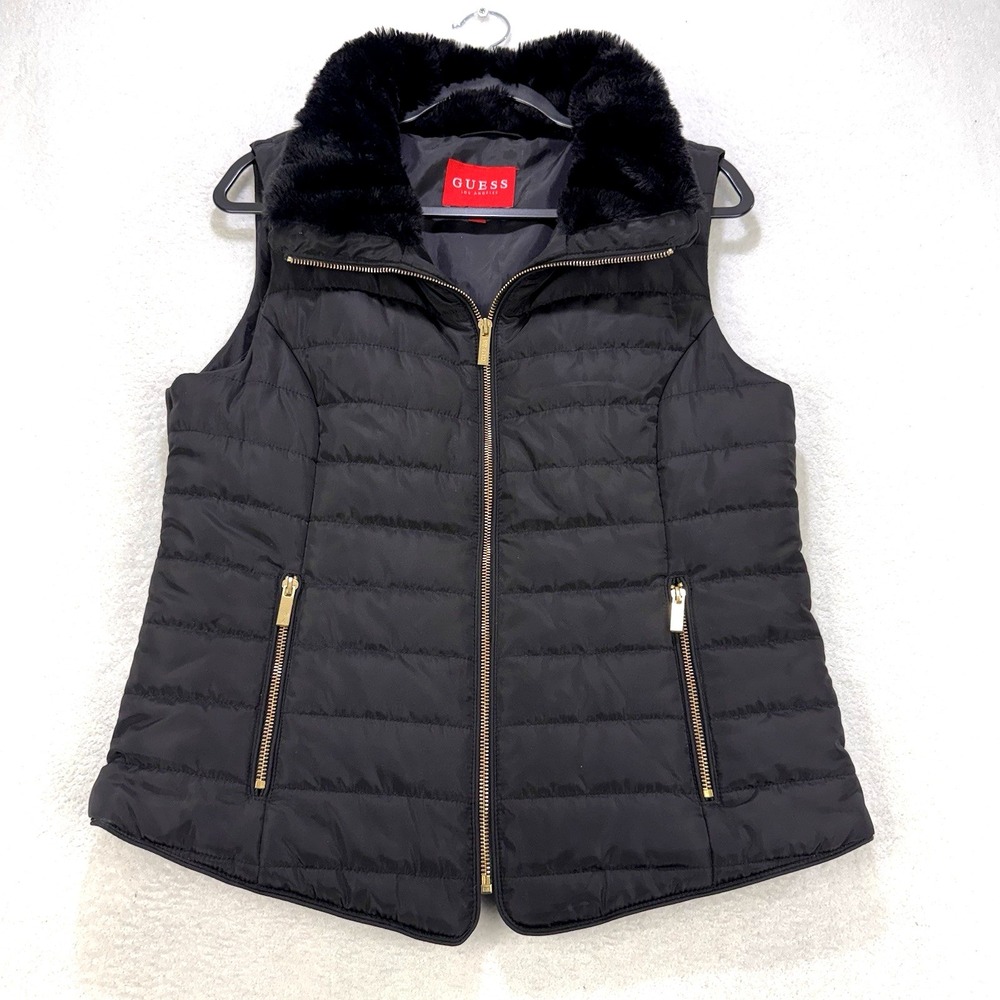 Guess Quilted Puffer Vest Women M Black Faux-fur Trim Gold-Tone Full Zip